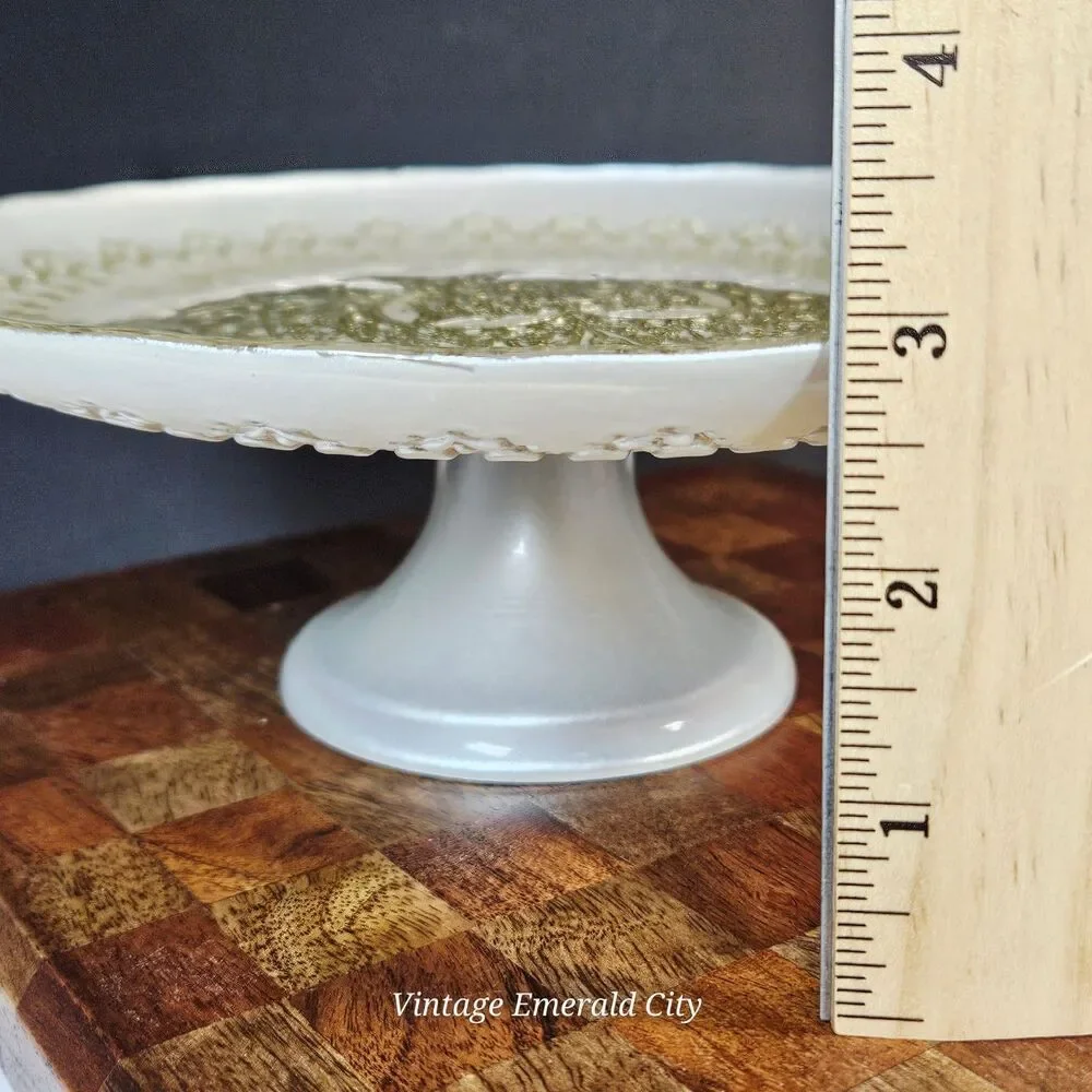 Vtg Turkish Glass White Cake Stand Pedestal Dessert Serving Platter Gold Lace
